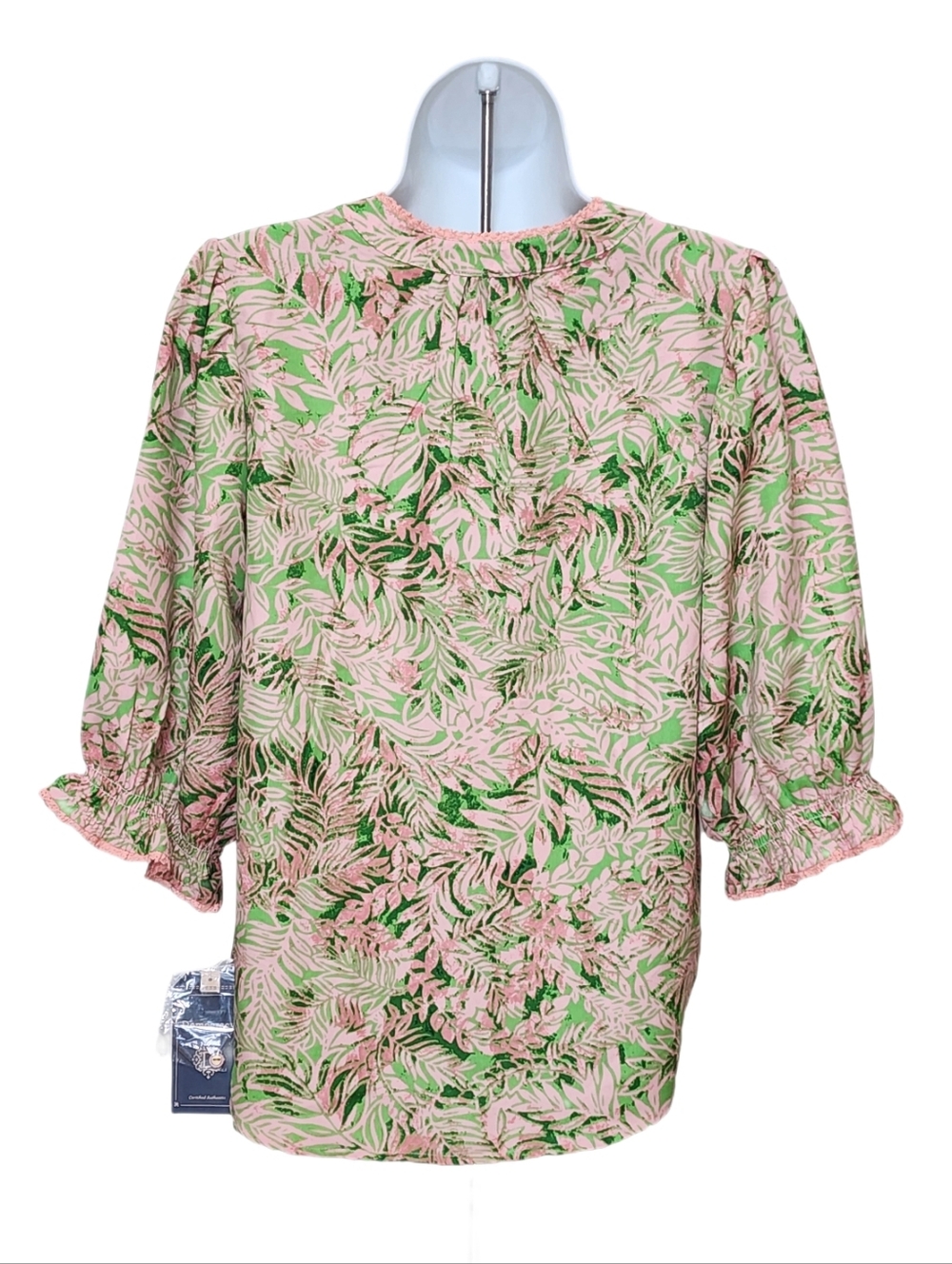 Democracy Leaf Print Lantern Sleeves Stand Collar Pintuck Front Woven Top Size S - Picture 2 of 10